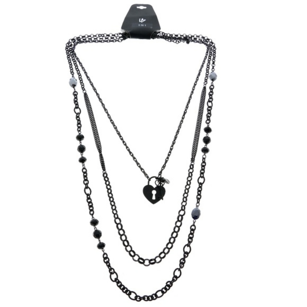 Lane Bryant blk 3-in-1 heart lock & key necklace